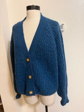 Zara Teal-Blue Fuzzy Button Cardigan